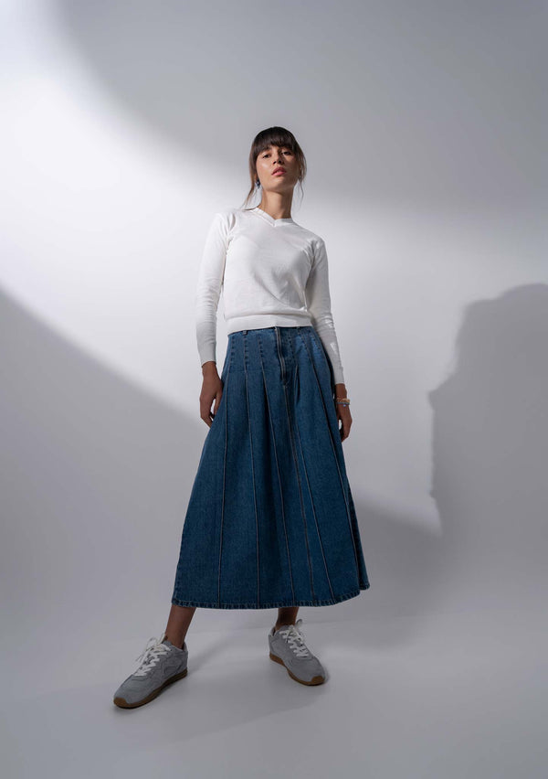 Stitched Pleated Denim Skirt-Blue
