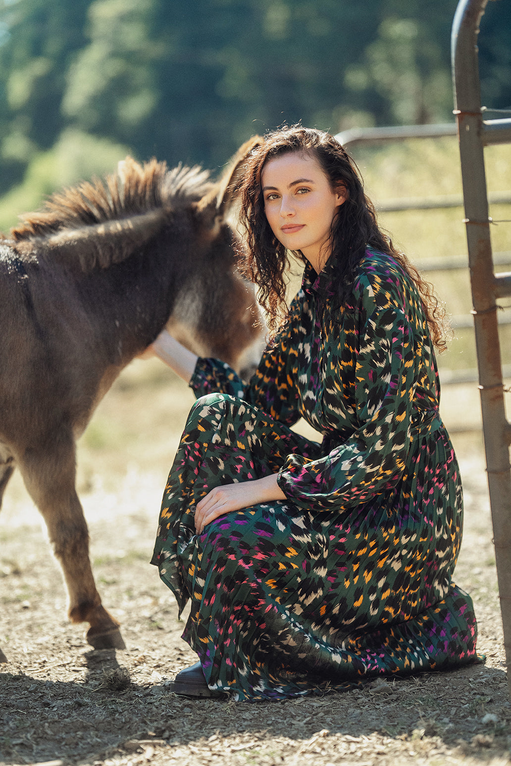 Half Pleat Shirtdress-Green Leopard