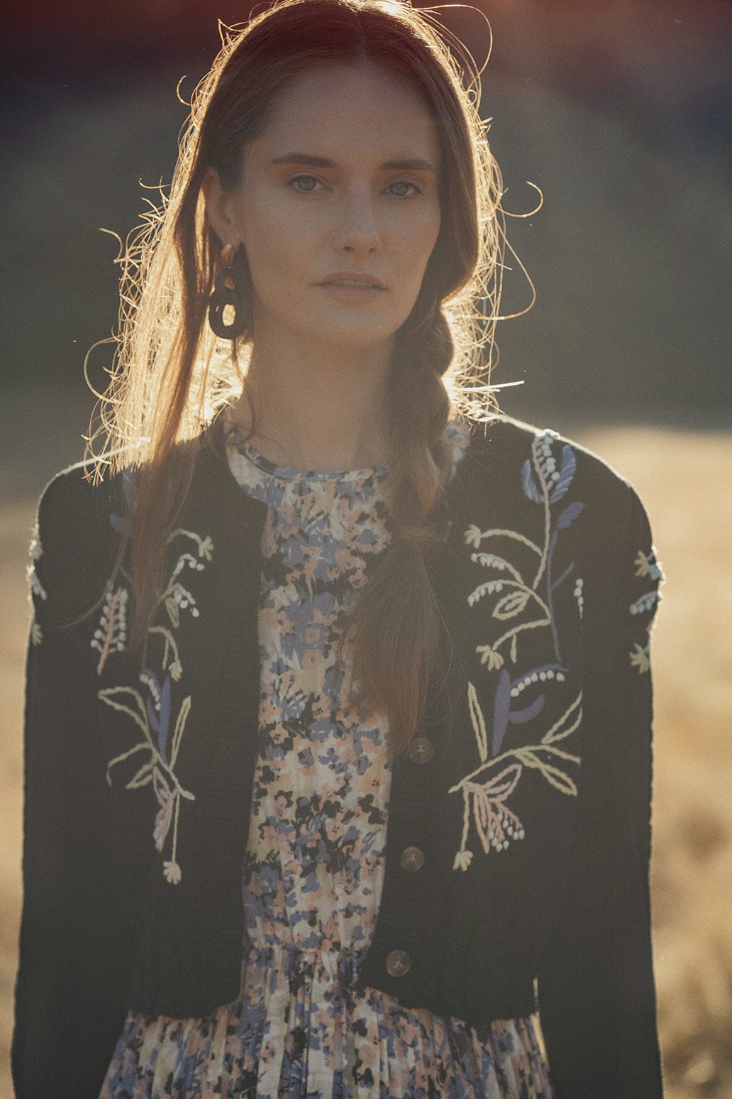 Embroidered Cropped Cardigan-Yellow/Blue