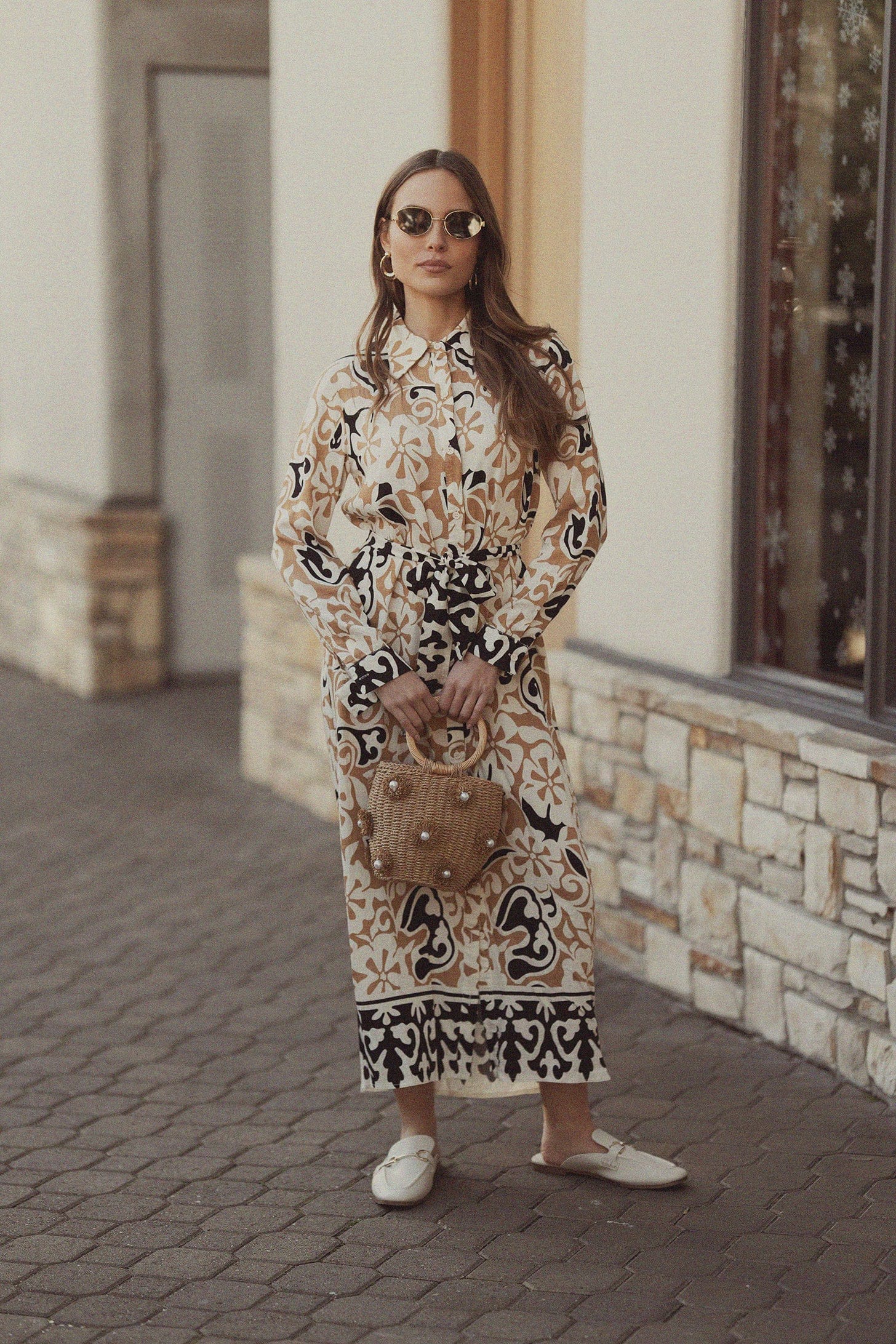 Long Button Down Shirtdress-Tan/Black Floral