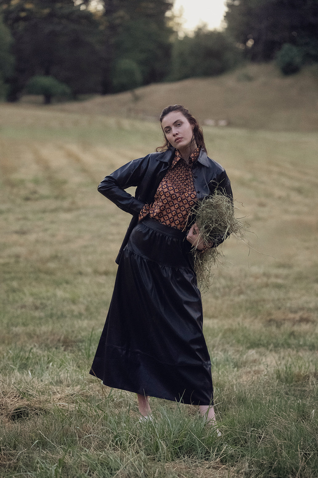 SMOCKED BLOUSE-GEOMETRIC MEDALLION BROWN