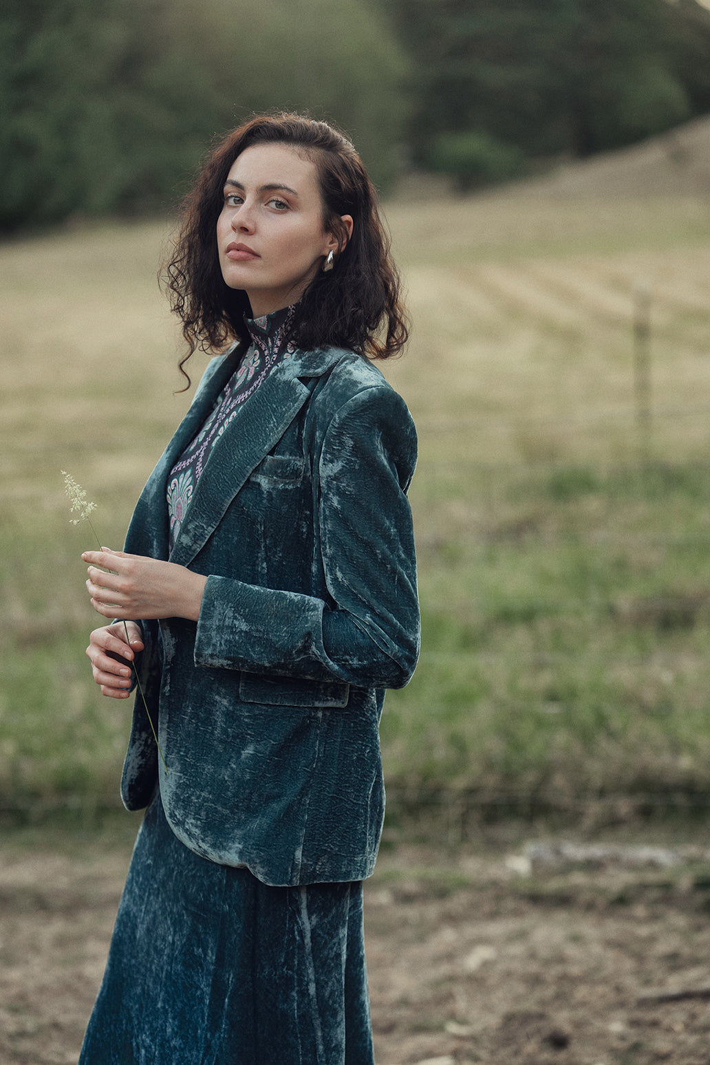 Velvet Blazer-Teal