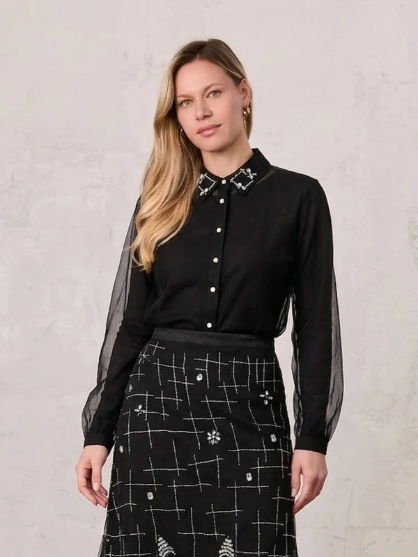 Organza Beaded Collar Blouse-Black