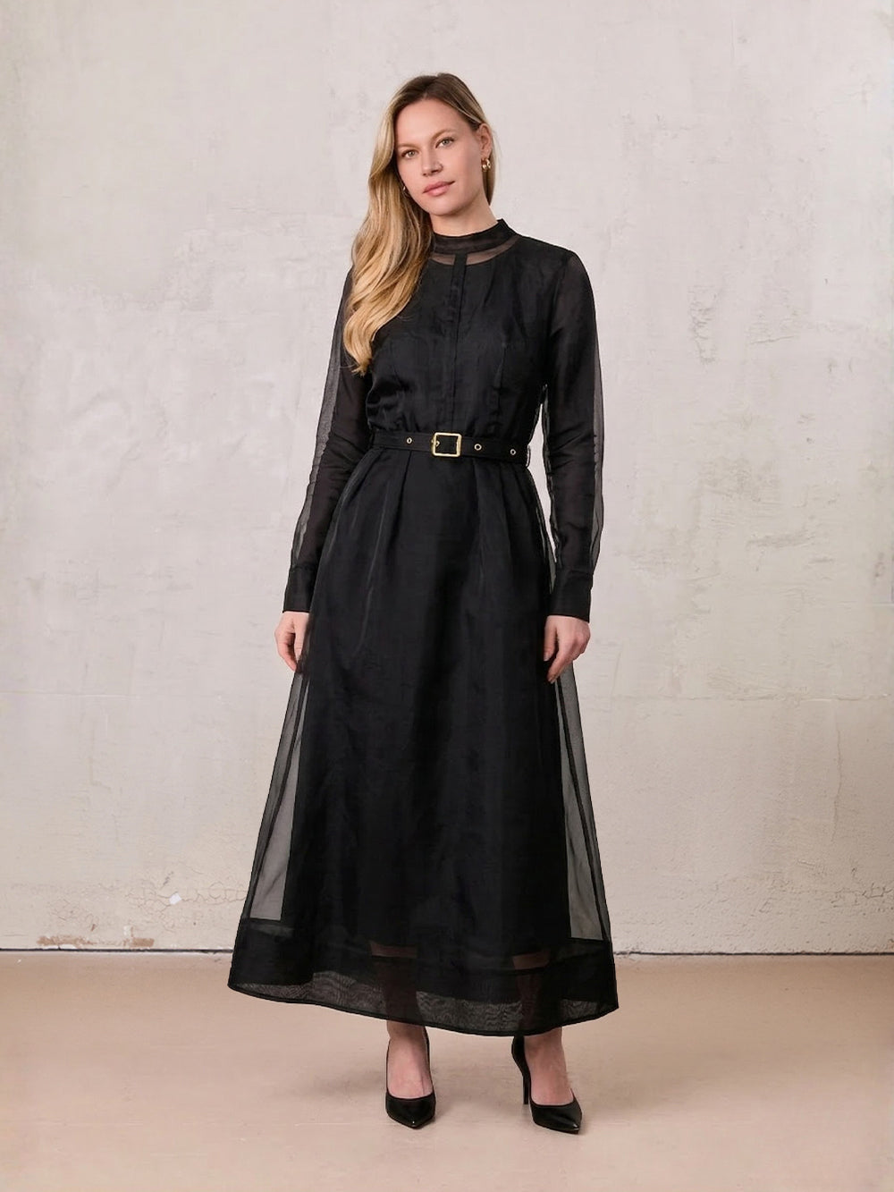 Organza Belted Shirtdress-Black
