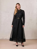 Organza Belted Shirtdress-Black