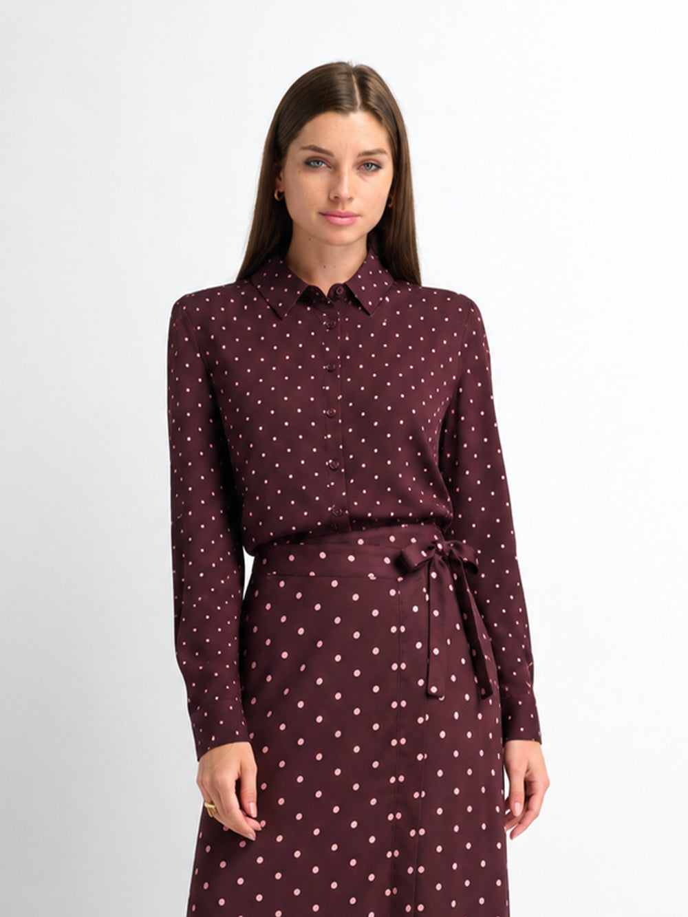 Oversized Satin Blouse-Burgundy Small Polka Dot