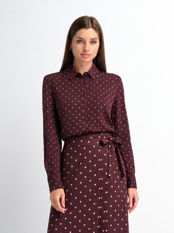 Oversized Satin Blouse-Burgundy Small Polka Dot