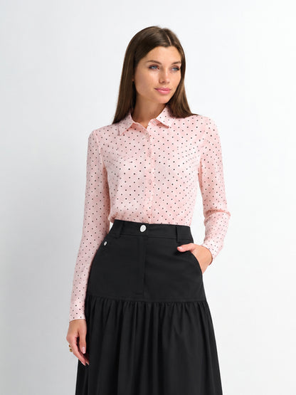 Oversized Satin Blouse-Pink Small Polka Dot