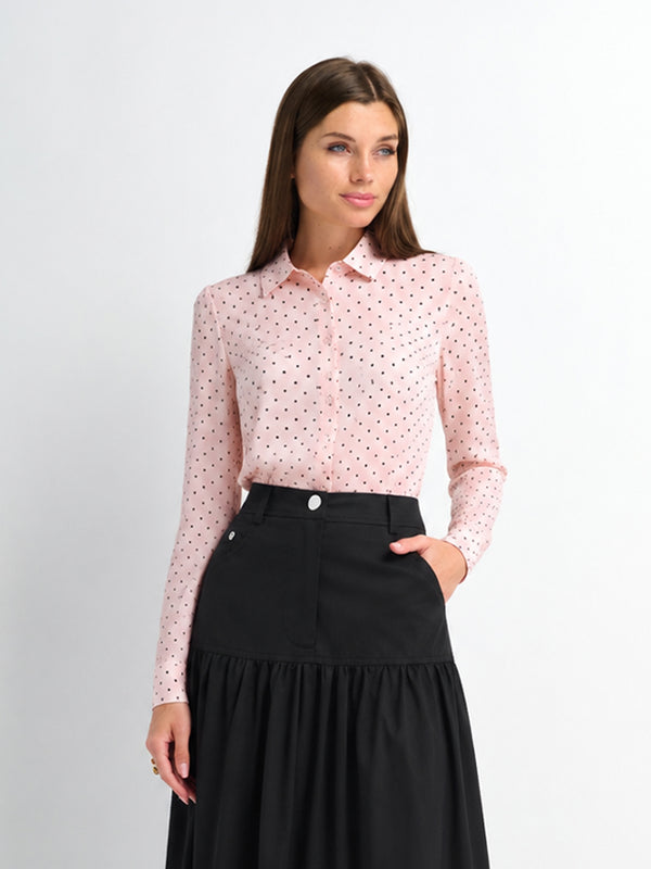 Oversized Satin Blouse-Pink Small Polka Dot