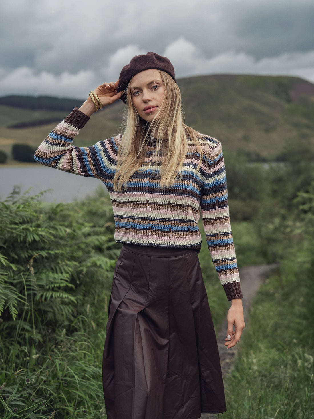 Overstitch Detail Striped Sweater-Brown