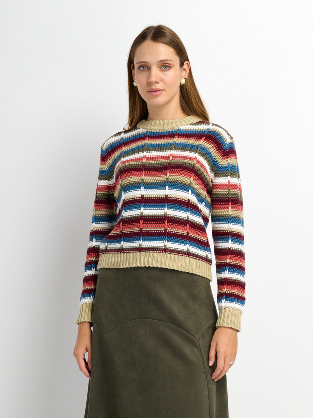 Overstitch Detail Striped Sweater - Multi Color