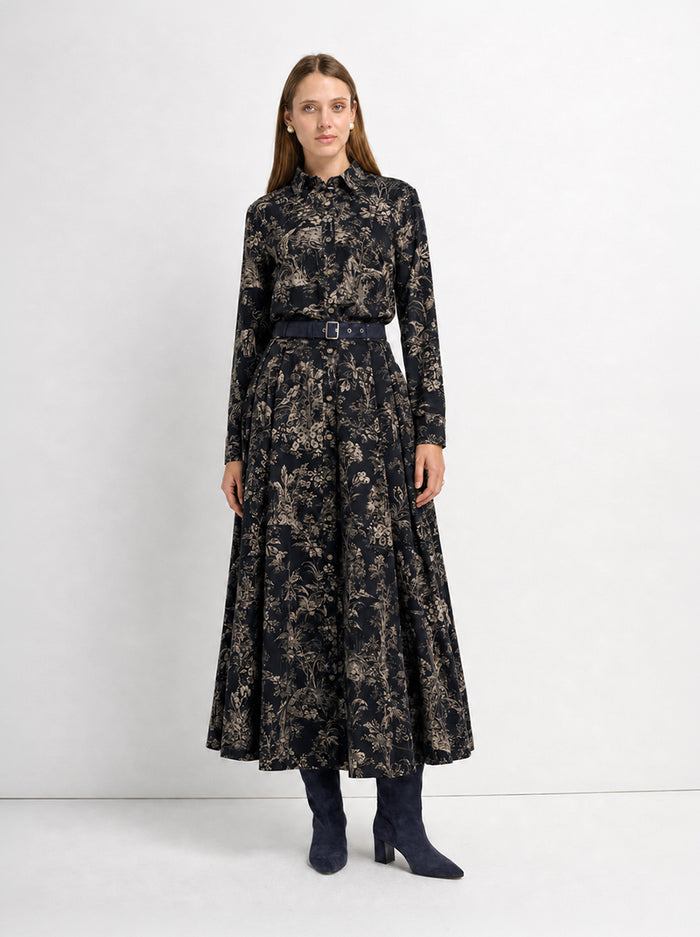 Brocade High Waist Belted Skirt - Navy Floral