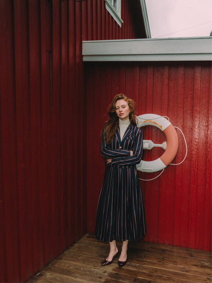 Crop Gold Button Jacket - Navy Stripe