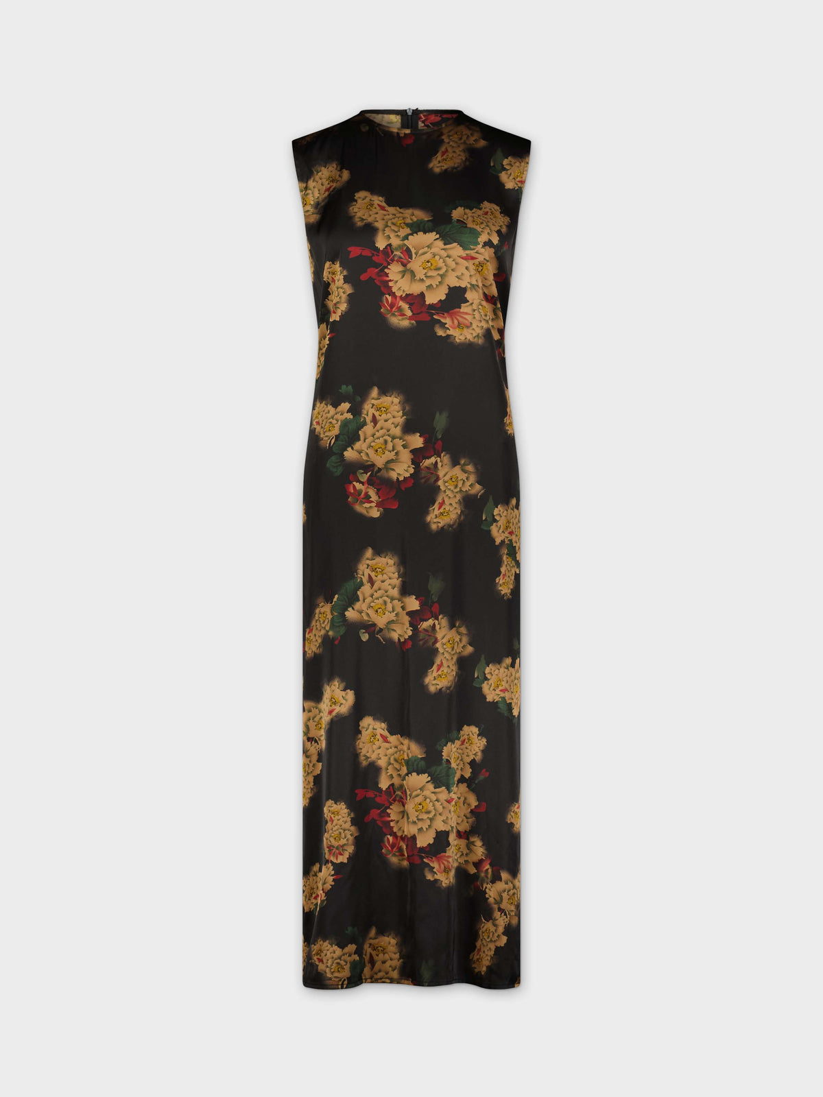 Sleeveless Satin Dress-Gold Floral