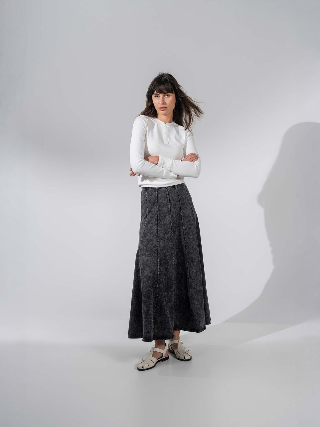 Paneled Flare Skirt 35"-Black Wash