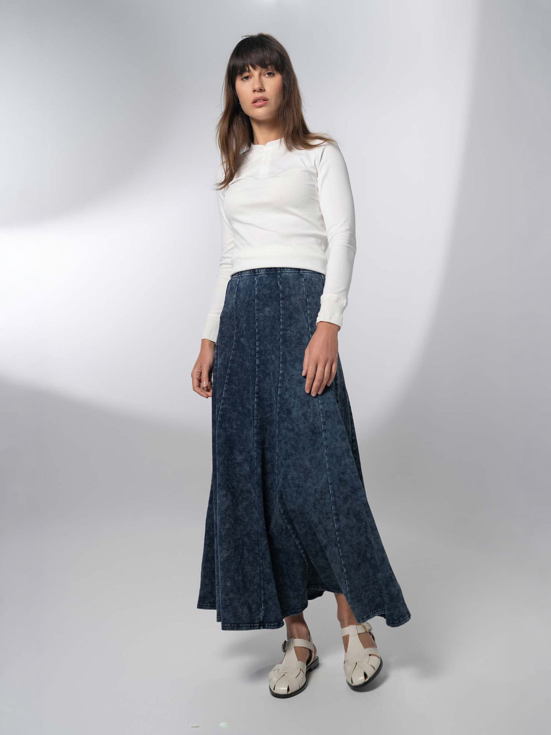 Paneled Flare Skirt 37"-Blue Wash