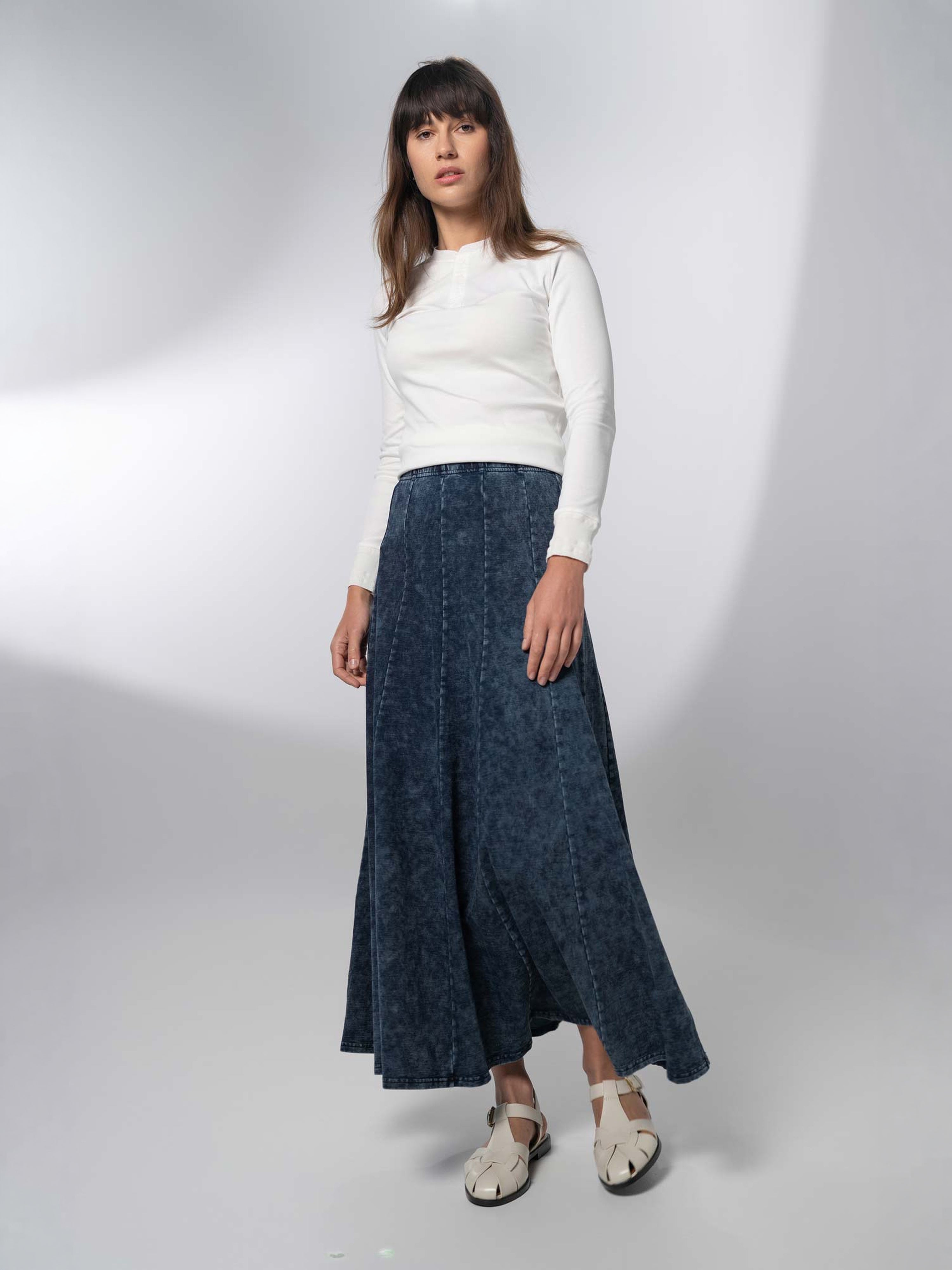 Paneled Flare Skirt 37"-Blue Wash