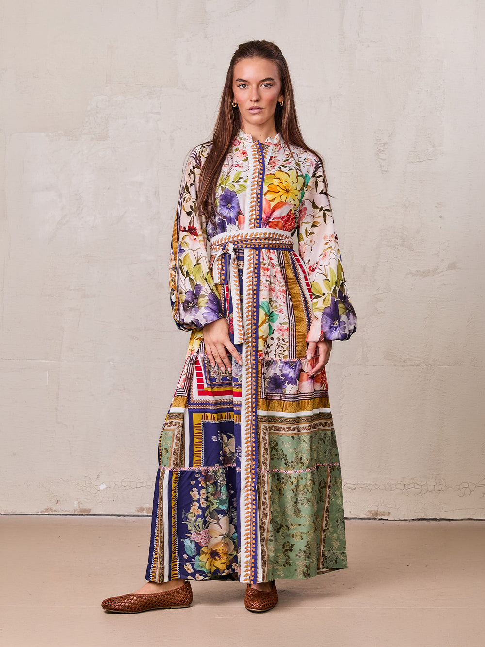 Peasant Belted Dress-Multi Colored