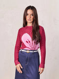Printed Cable Sweater-Maroon/Pink Flower