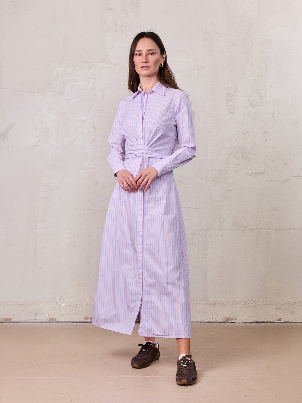 Pinstripe Tie Front Shirtdress-Pink Stripe