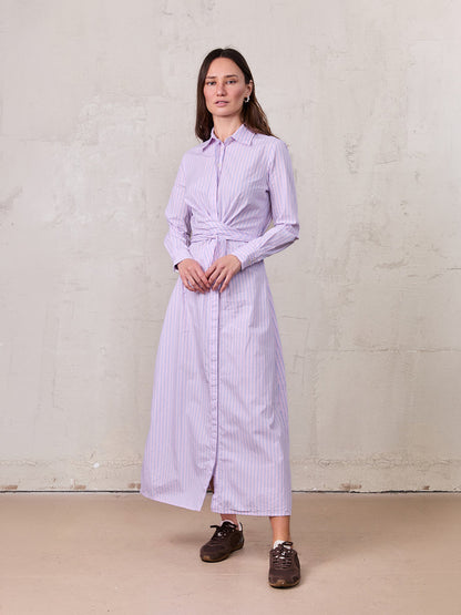 Pinstripe Tie Front Shirtdress-Pink Stripe
