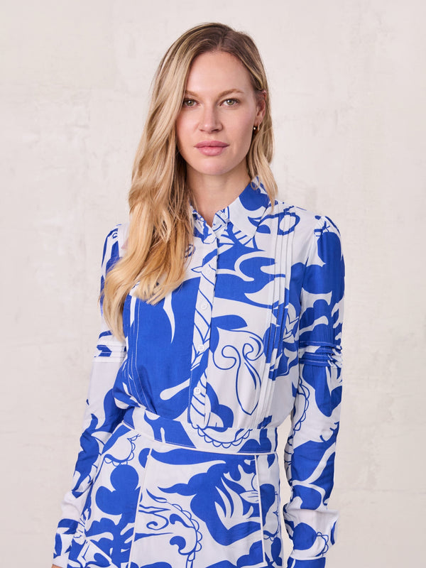 Pintuck Detail Blouse-Blue Carolina Floral
