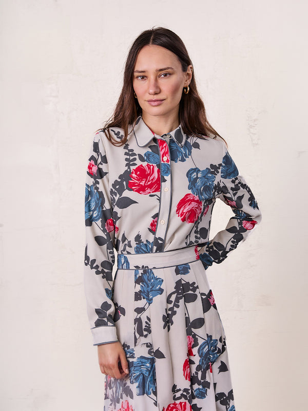 Piped Button Down Blouse-Floral