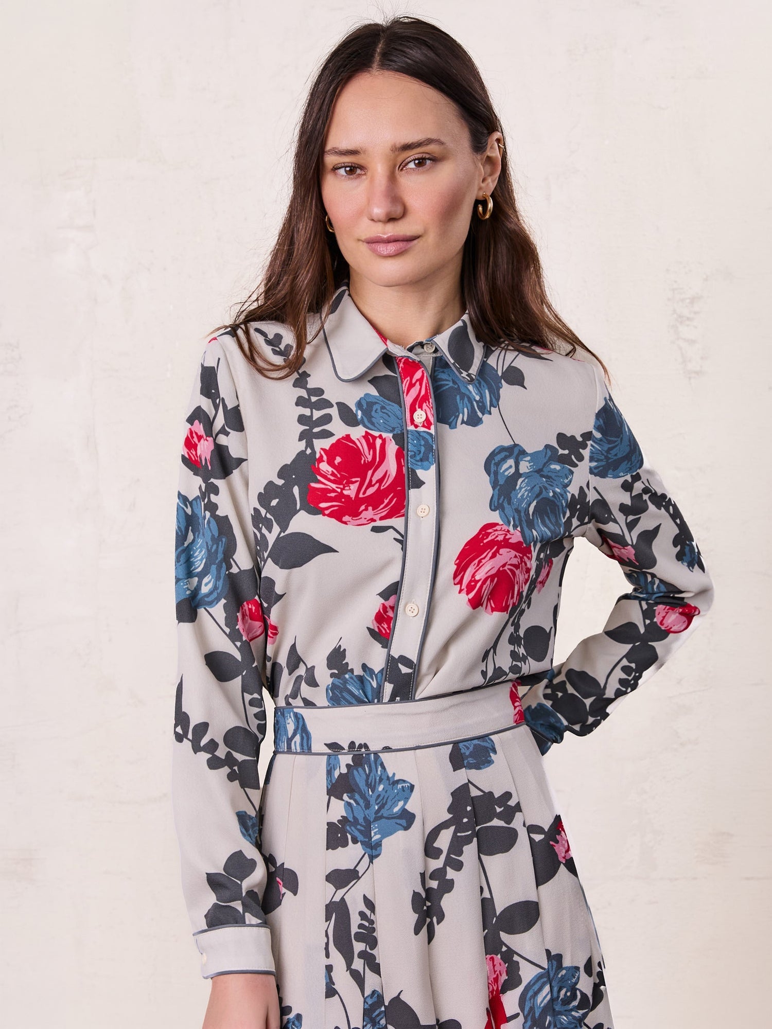 Piped Button Down Blouse-Floral