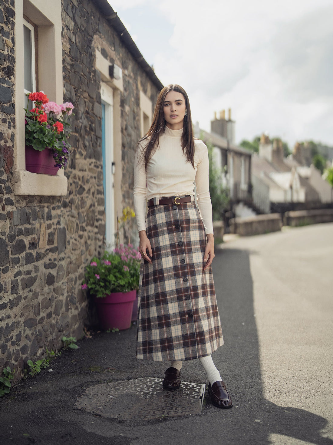 Plaid Button Down A-Line Skirt-Ivory/Tan/Brown