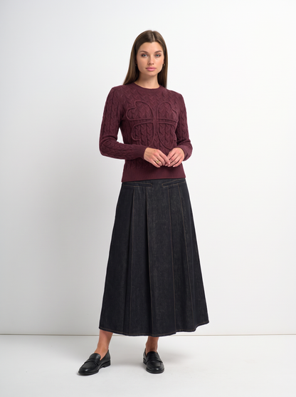 Pleat Pocket Tab Denim Skirt-Black