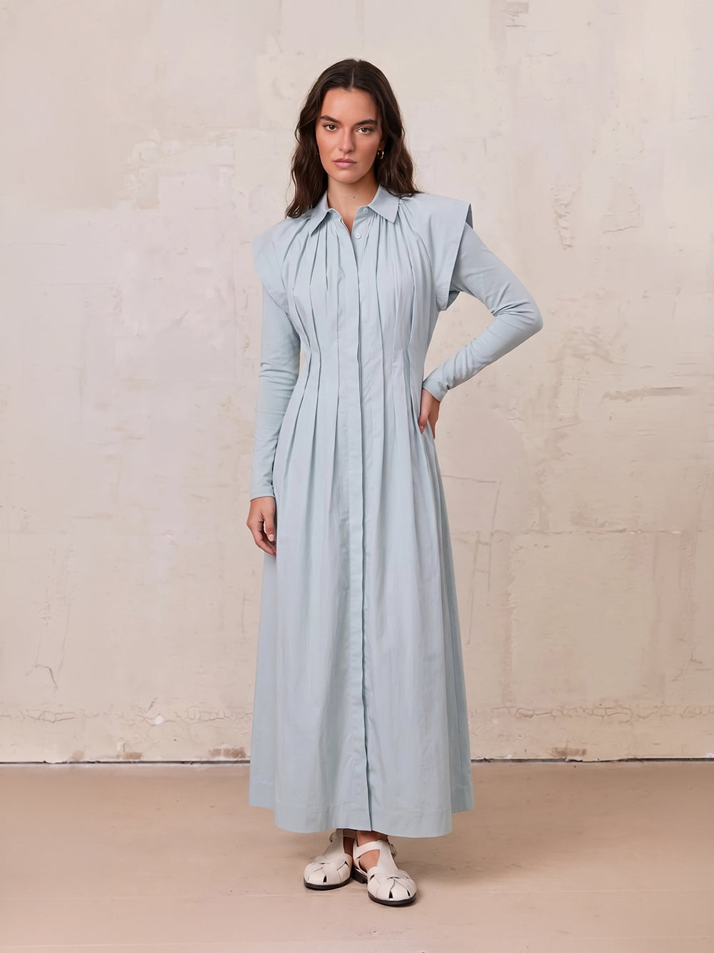 Pleat Front Button Down Dress-Light Blue