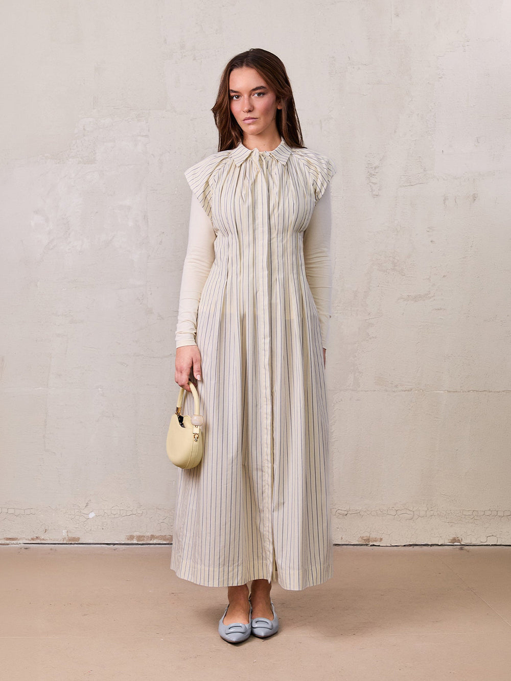 Pleat Front Button Down Dress-Pinstripe