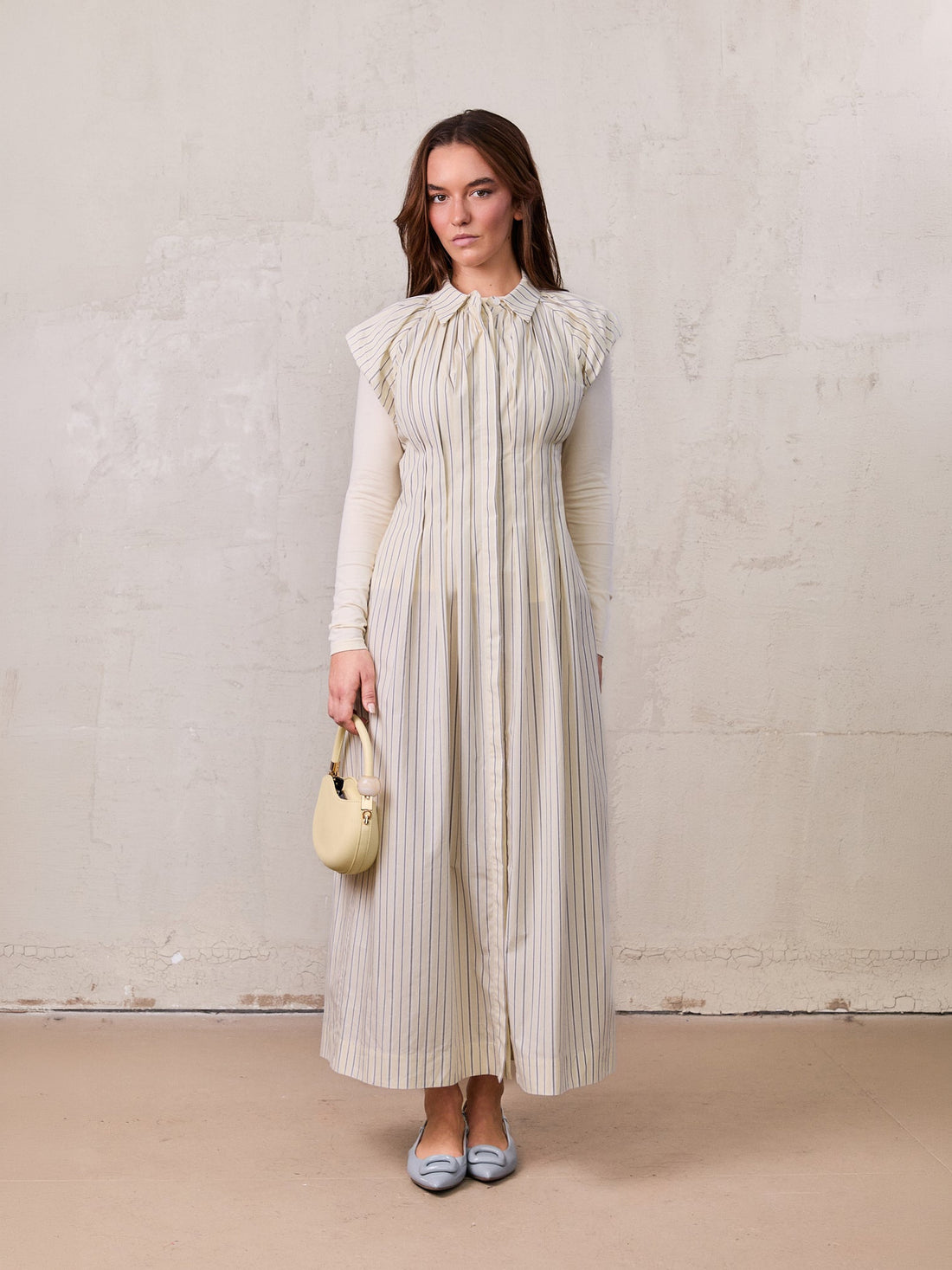 Pleat Front Button Down Dress-Pinstripe