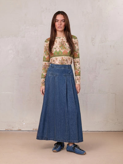 Pleat Pocket Tab Denim Skirt-Blue