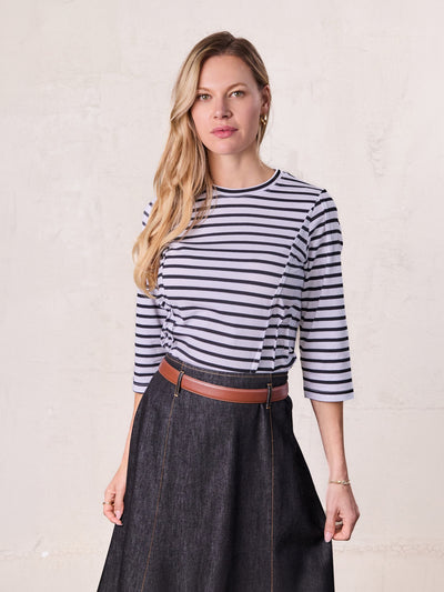Pleat Seam T-shirt-Black/White Stripe