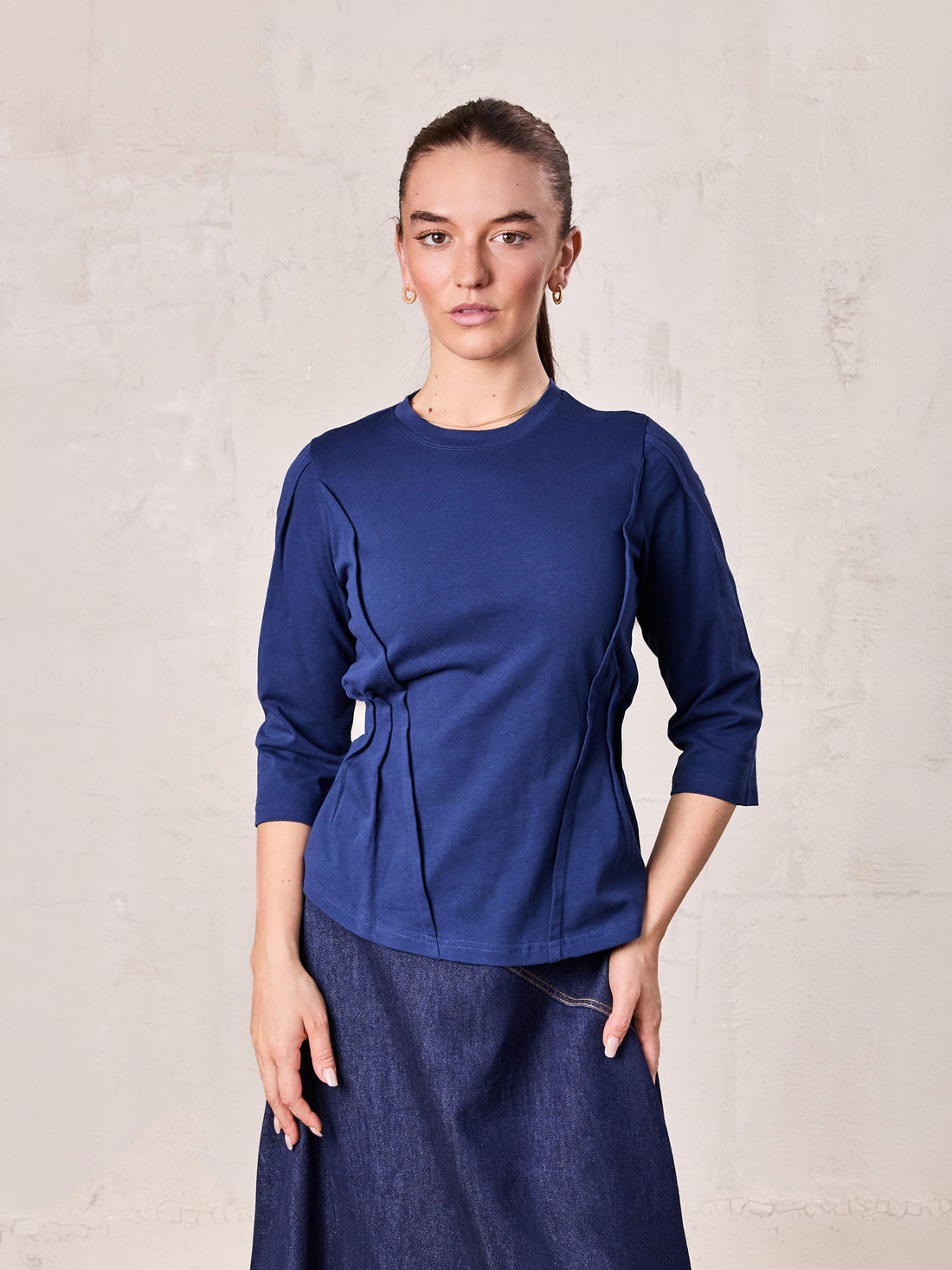 Pleat Seam T-shirt-Denim Blue