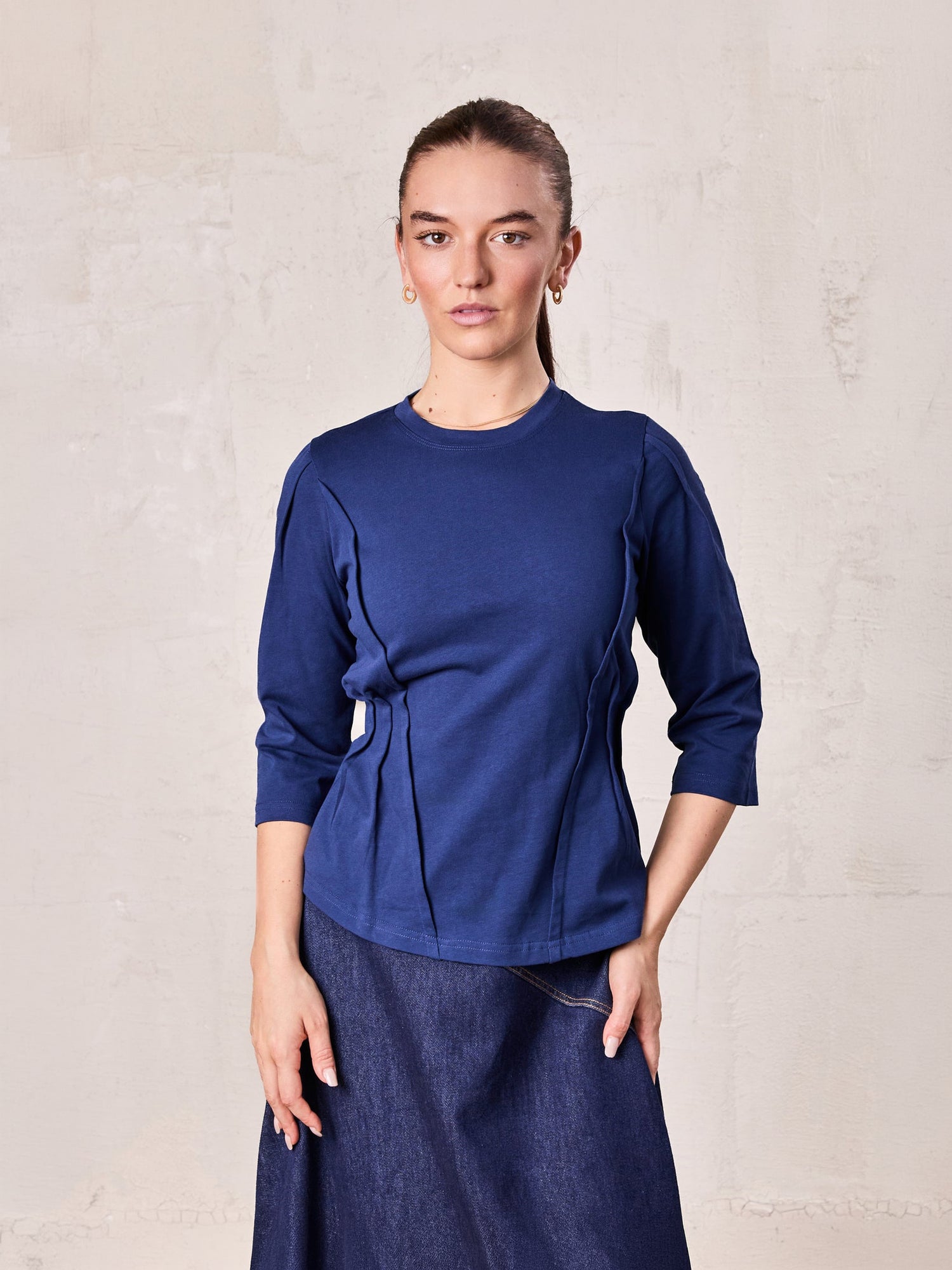 Pleat Seam T-shirt-Denim Blue