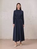 Pleat Top Silk/Linen Blend Dress-Navy