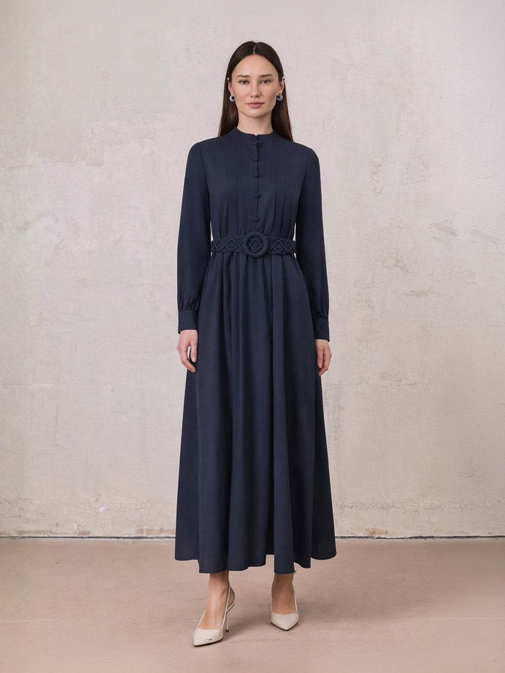 Pleat Top Silk/Linen Blend Dress-Navy