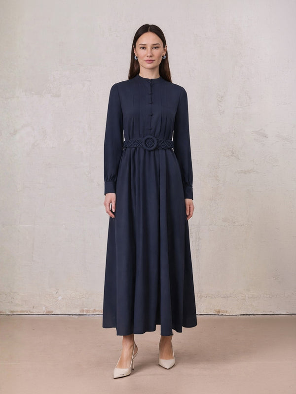 Pleat Top Silk/Linen Blend Dress-Navy
