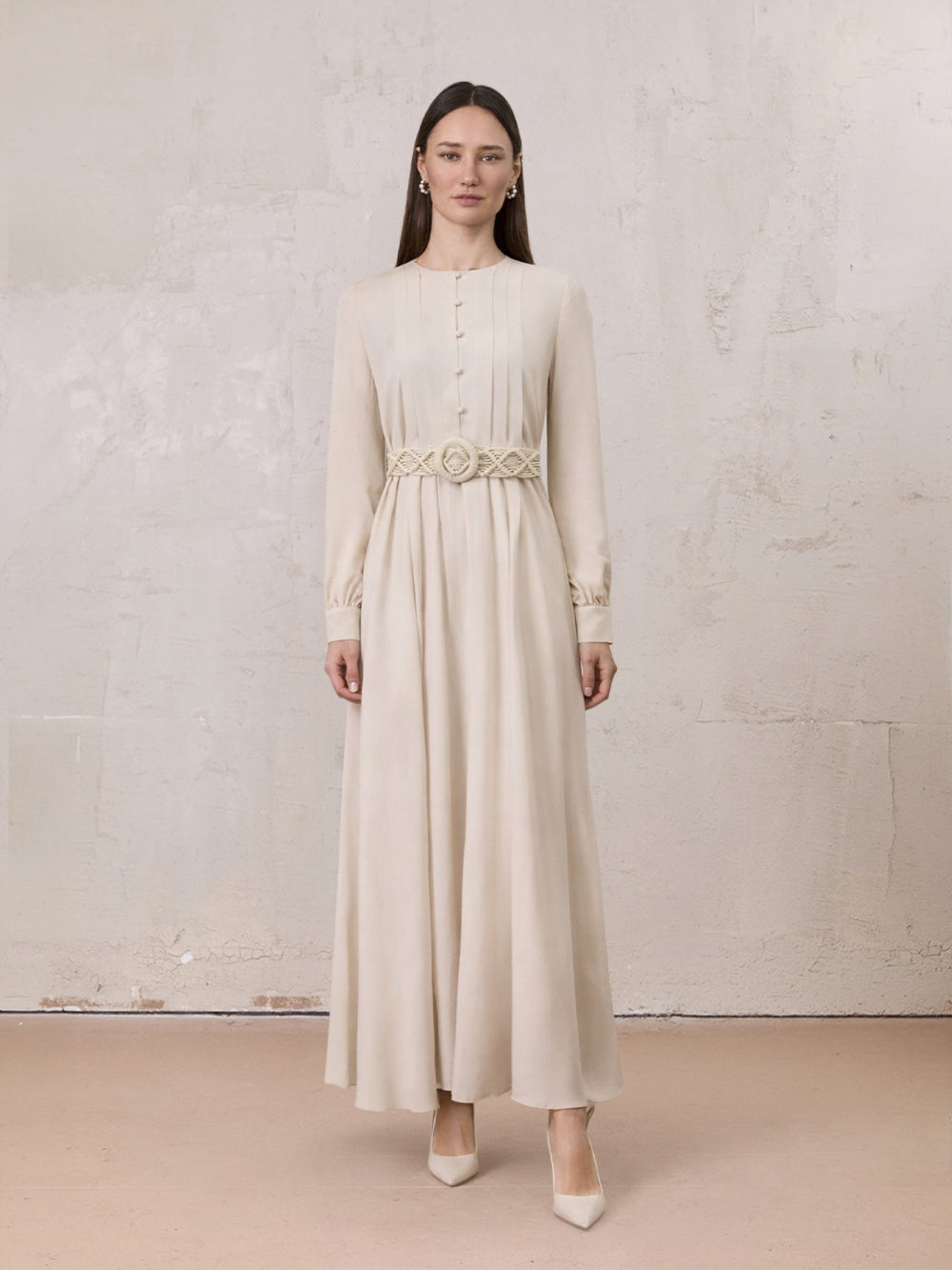 Pleat Top Silk/Linen Blend Dress-Oatmeal