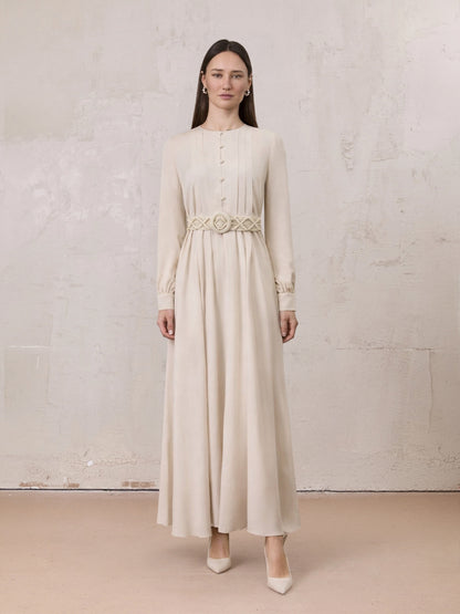 Pleat Top Silk/Linen Blend Dress-Oatmeal