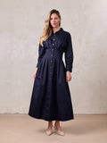 Pleat Waist Button Down Dress-Navy