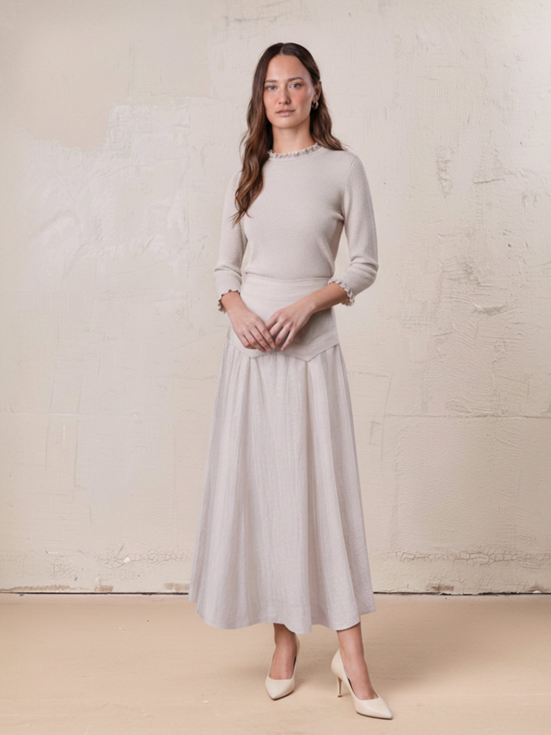 Pointed Yoke Dress Skirt-Ice Latte
