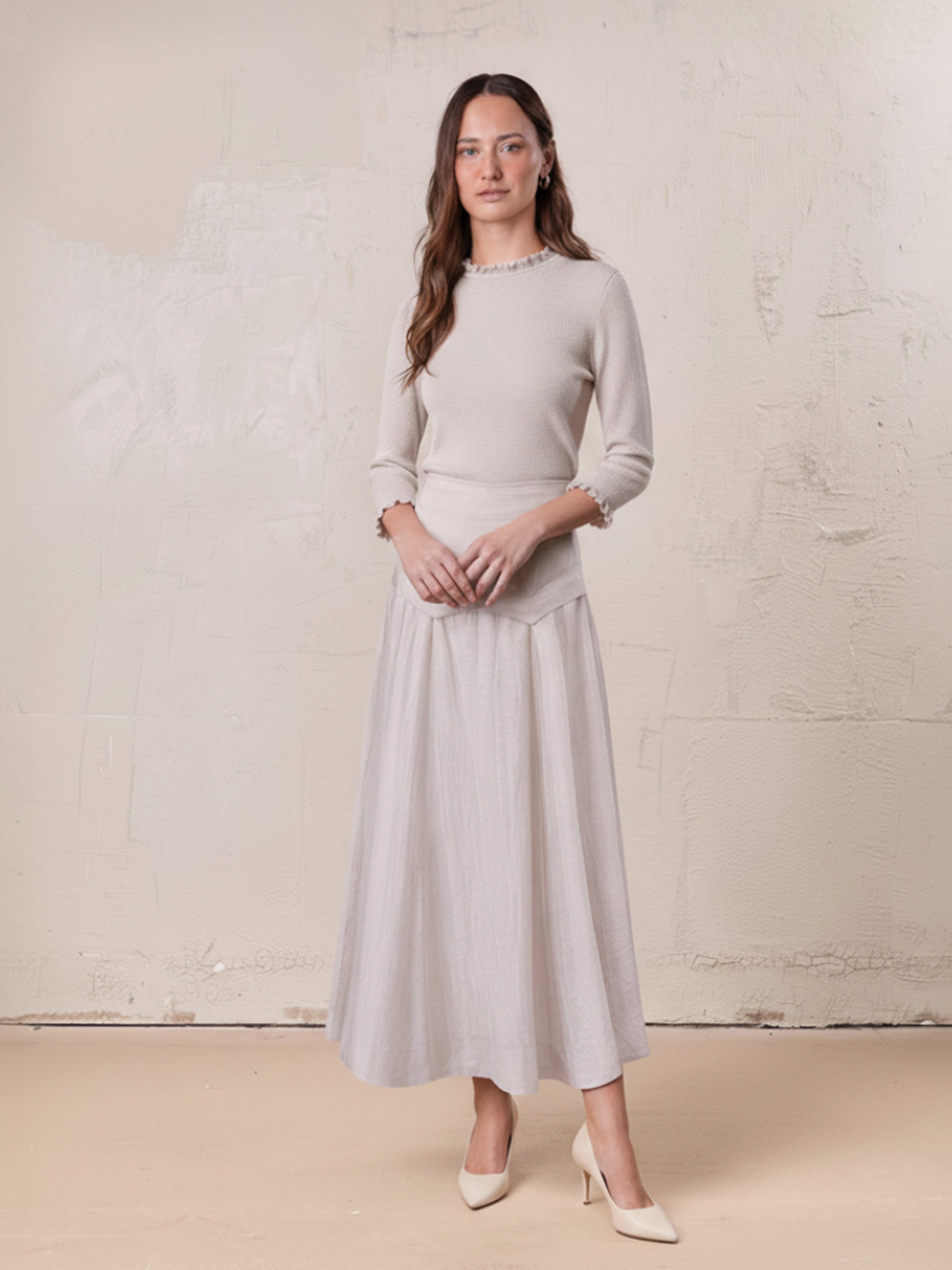 Pointed Yoke Dress Skirt-Ice Latte