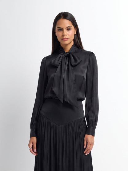 Textured Shimmer Center Bow Blouse - Black