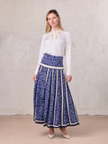 Print Yoke Pleated Skirt-Blue Geometric