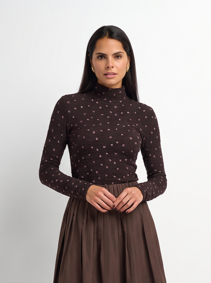 Printed Stretch Textured Turtle Neck - Brown Mini Rose
