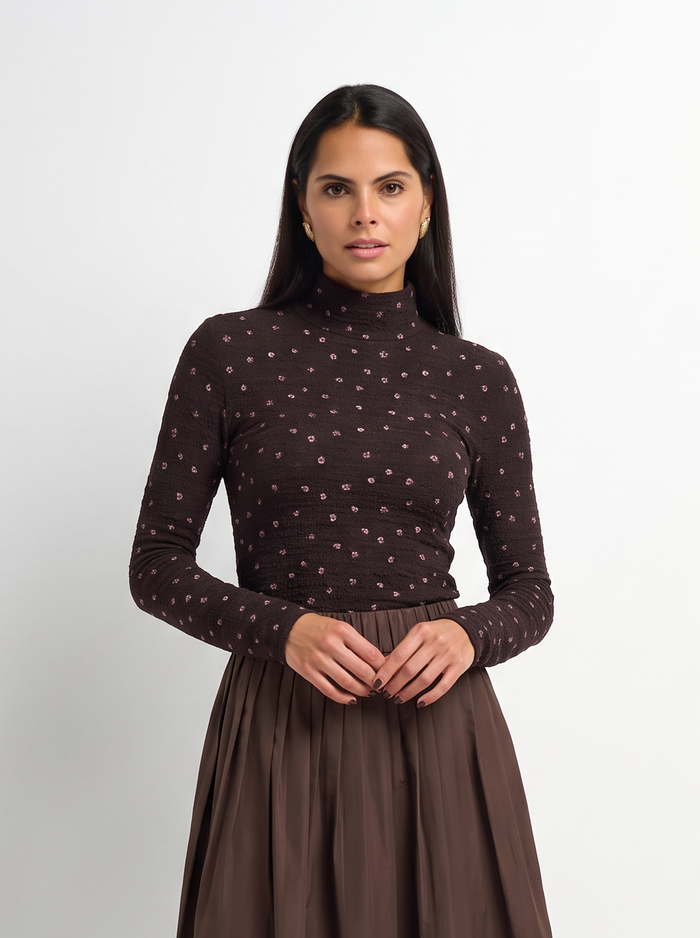 Printed Stretch Textured Turtle Neck - Brown Mini Rose