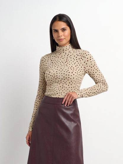 Printed Stretch Textured Turtle Neck - Cream/Burgundy Dots